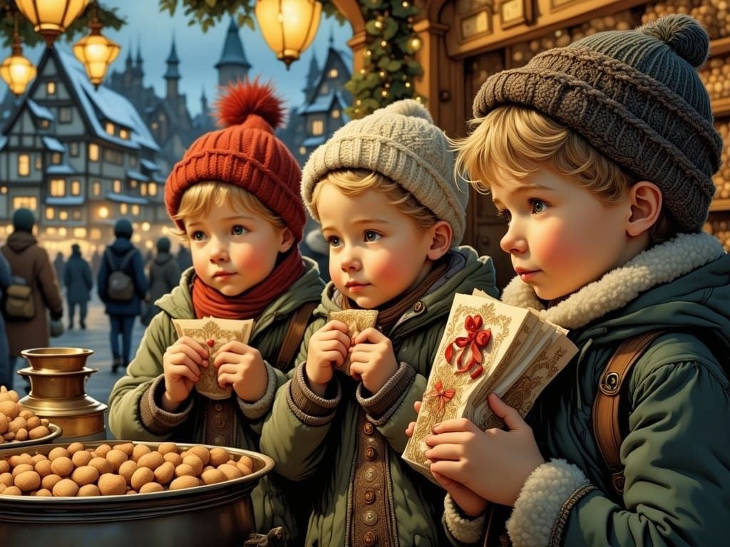 Victorian Children Delight in Roasted Almonds at Merry Chris...
