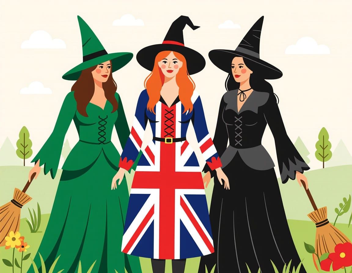 Three Witches in Unique Outfits: Emerald, Union Jack, and Bl...
