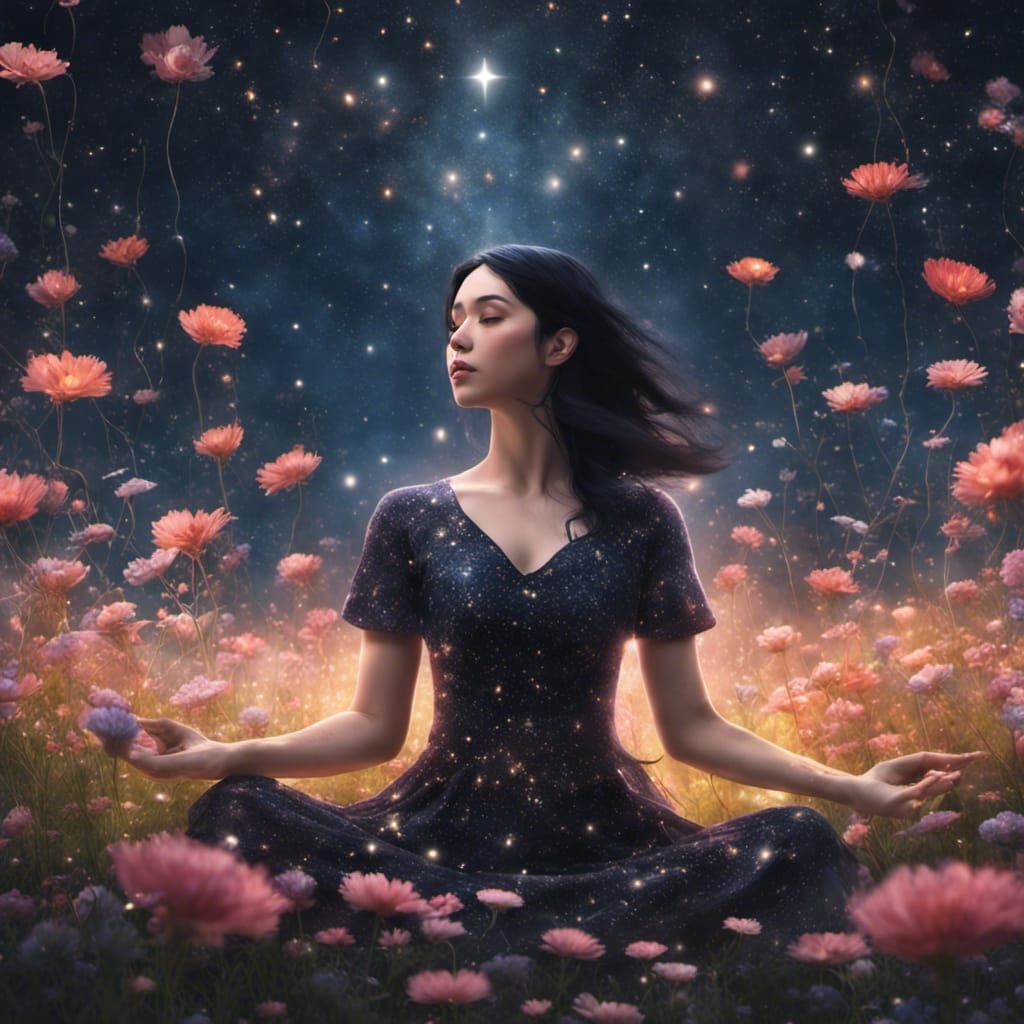 Girl Meditating in Flower Field at Night
