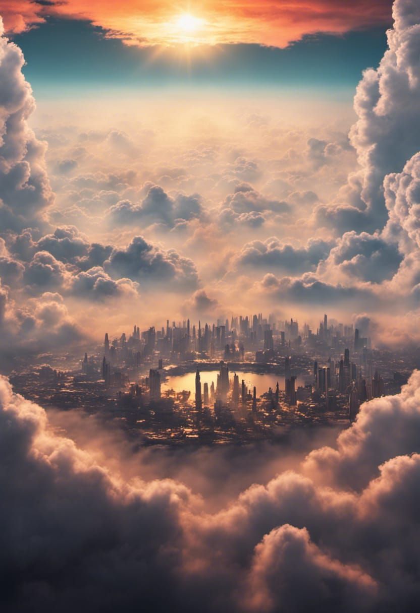 Hidden Fairy City in Clouds at Sunrise