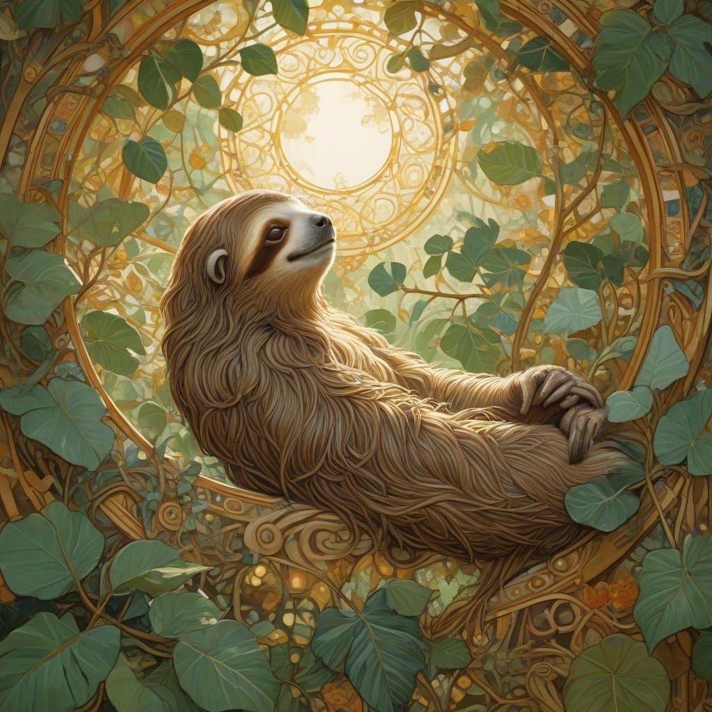Art Nouveau Sloth Under Lush Rainforest Canopy