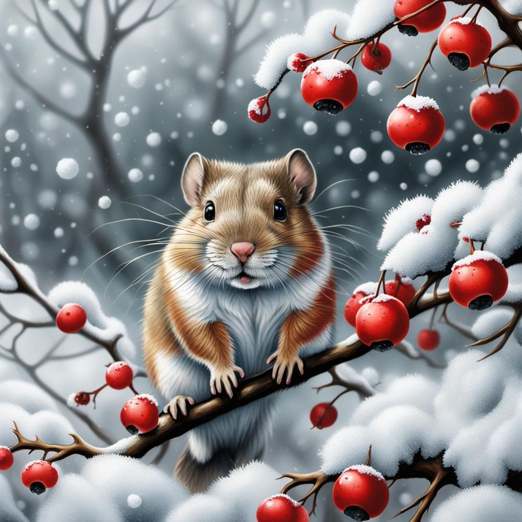 Vole and Hawthorn Berries in Winter Snowstorm