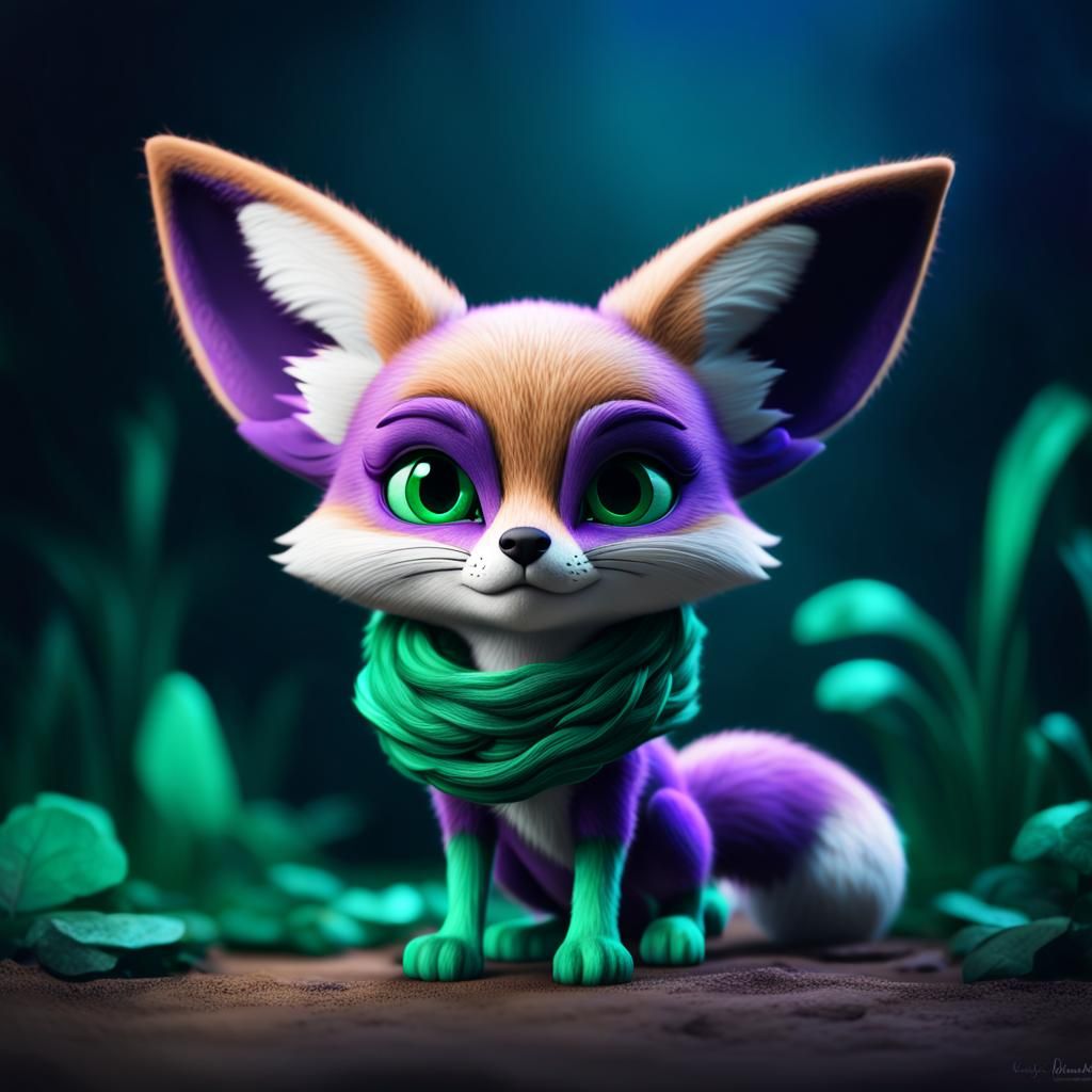 Pixar-Style Purple and Green Fennec Fox Portrait