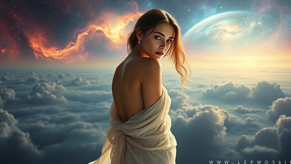 Celestial Temptress in Cosmos Landscape, Ethereal Art