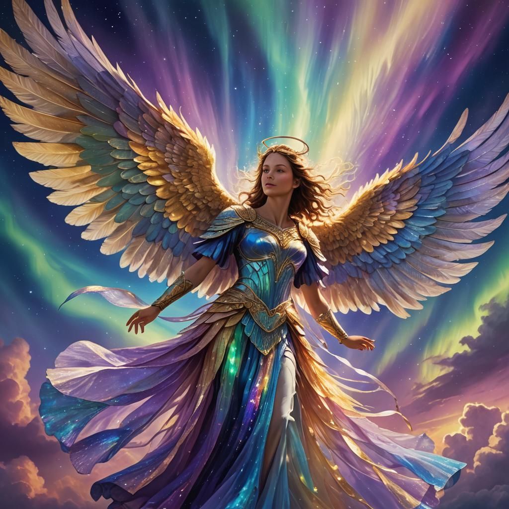 Heavenly Angel Soaring Through Radiant Aurora Sky