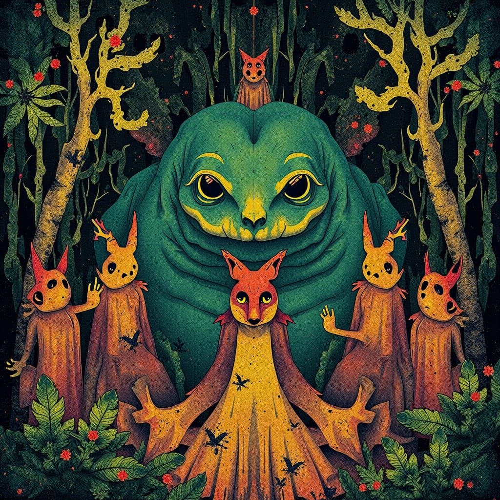 Giant Toad and Fox Bride in Forest Ritual