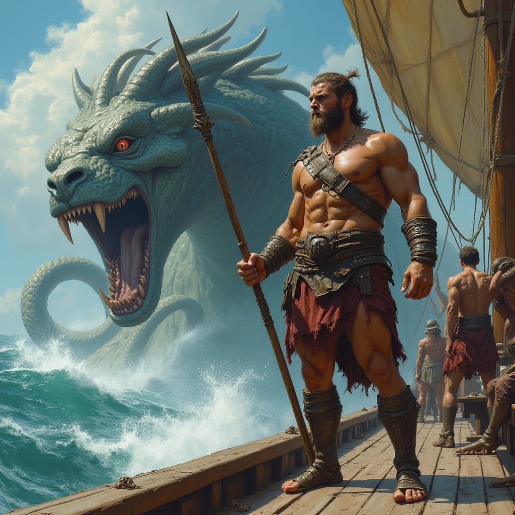 Heroic Greek Warrior Defends Companions from Monstrous Hydra