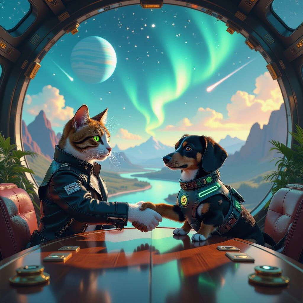 Neon-Eyed Animals Unite on Solarpunk Spaceship