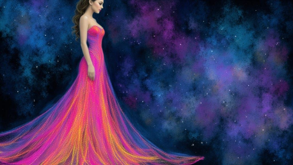 Woman in Evening Wear Under a Starry Night Sky