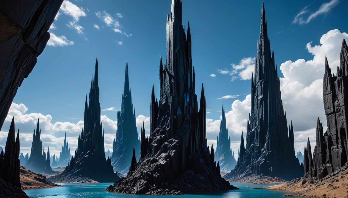 Majestic Obsidian Towers Rise from Azure Horizon