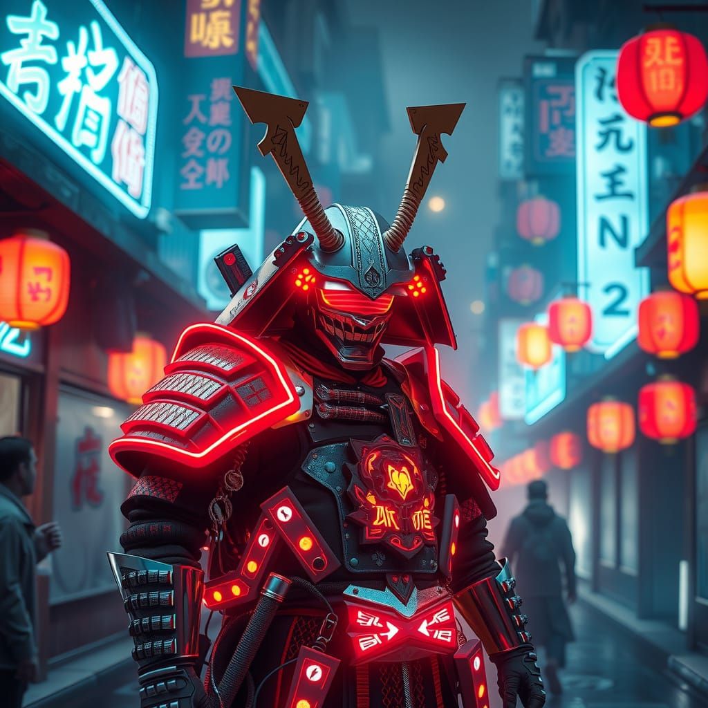 Cyberpunk Samurai in Neon-Lit Feudal Japan