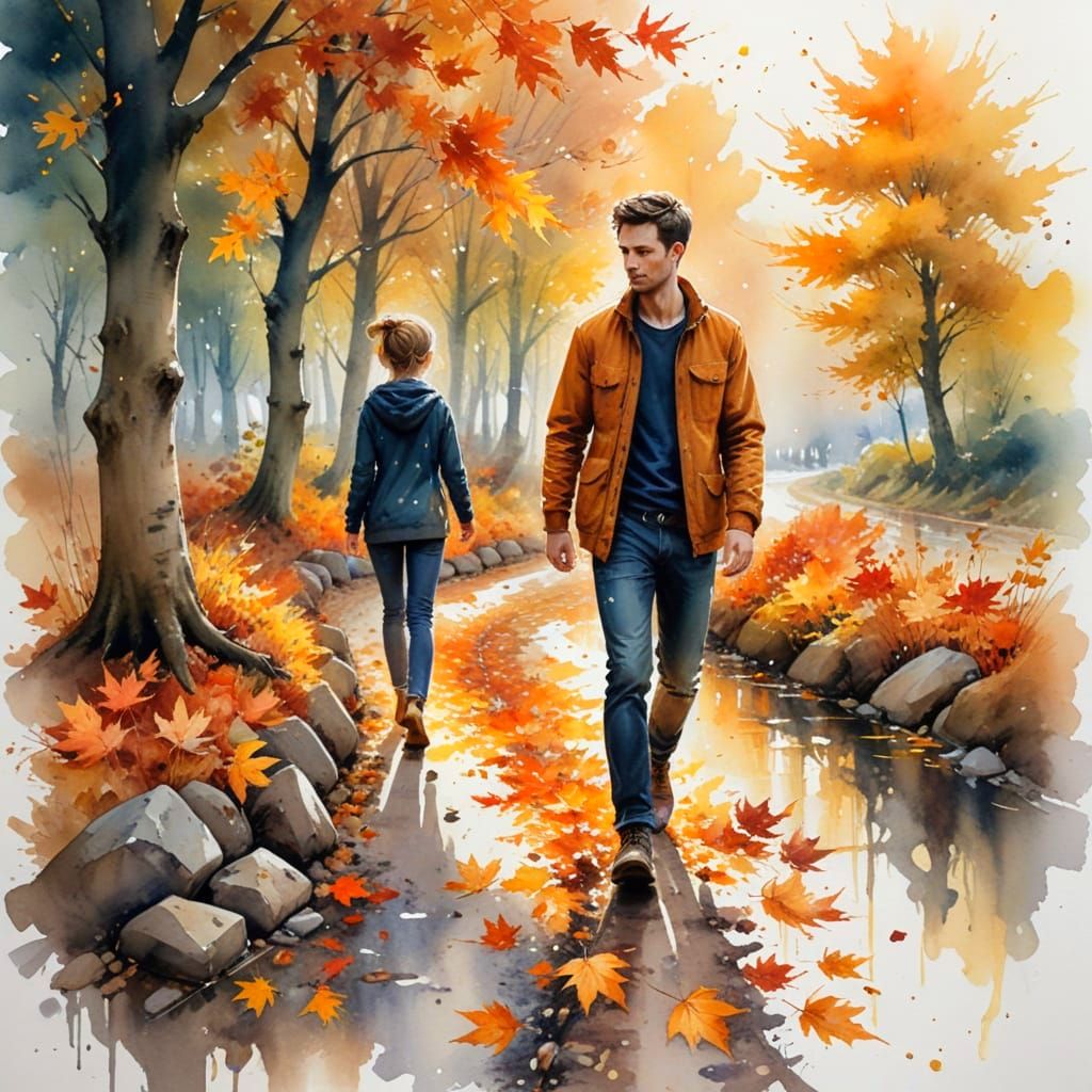 Autumn Woodland Lane in Watercolor Style