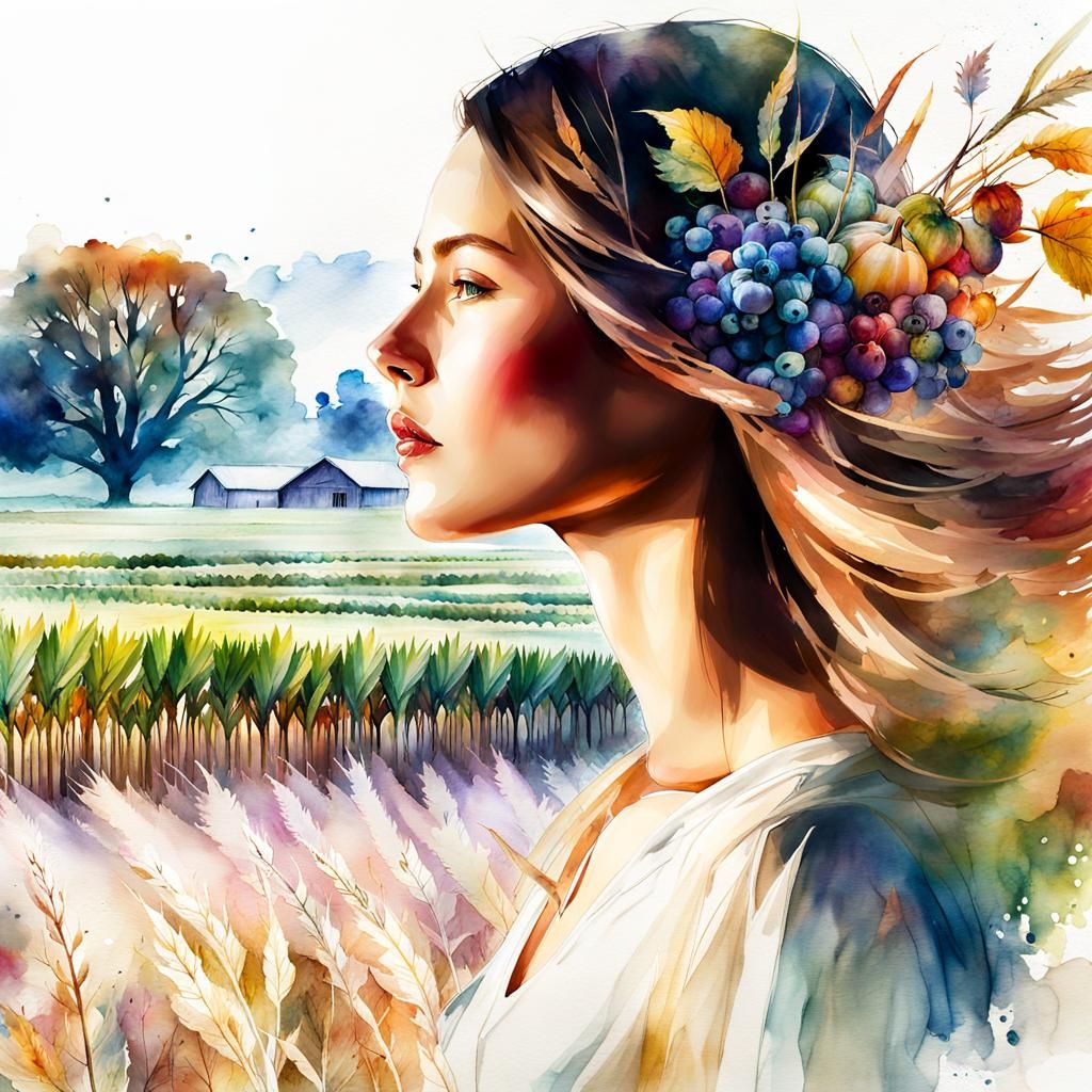 Fall Harvest Double Exposure in Watercolor Style