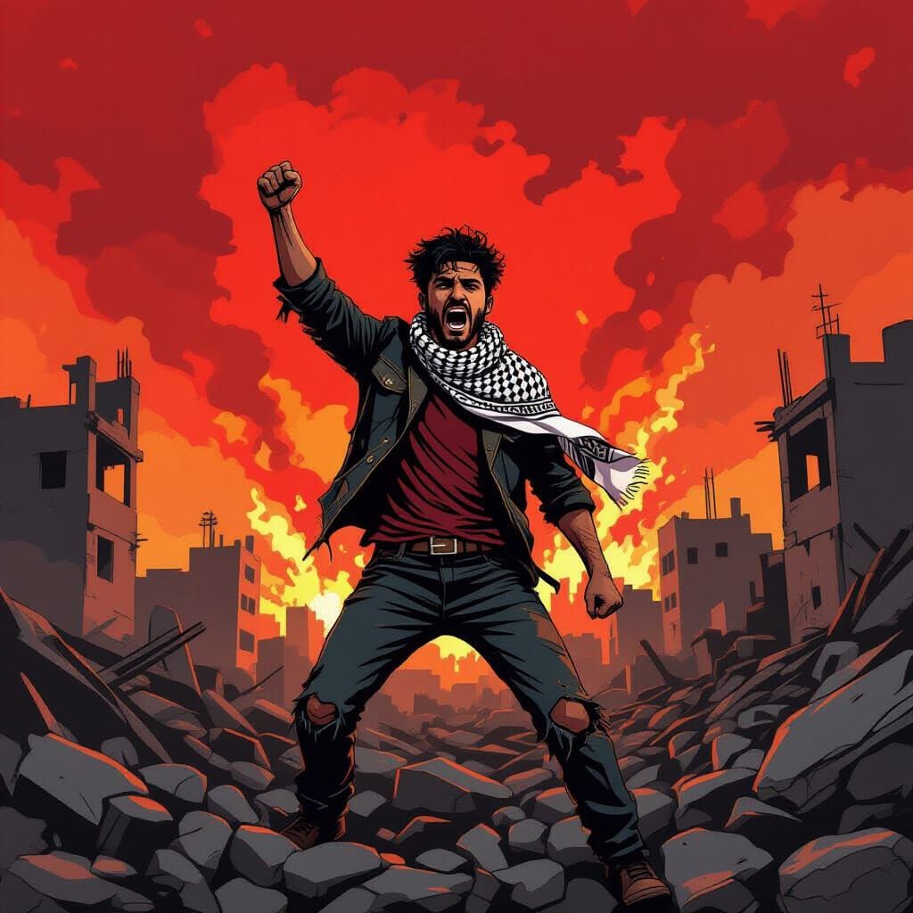 Man Rises Defiantly Amidst Rubble in Painterly Style