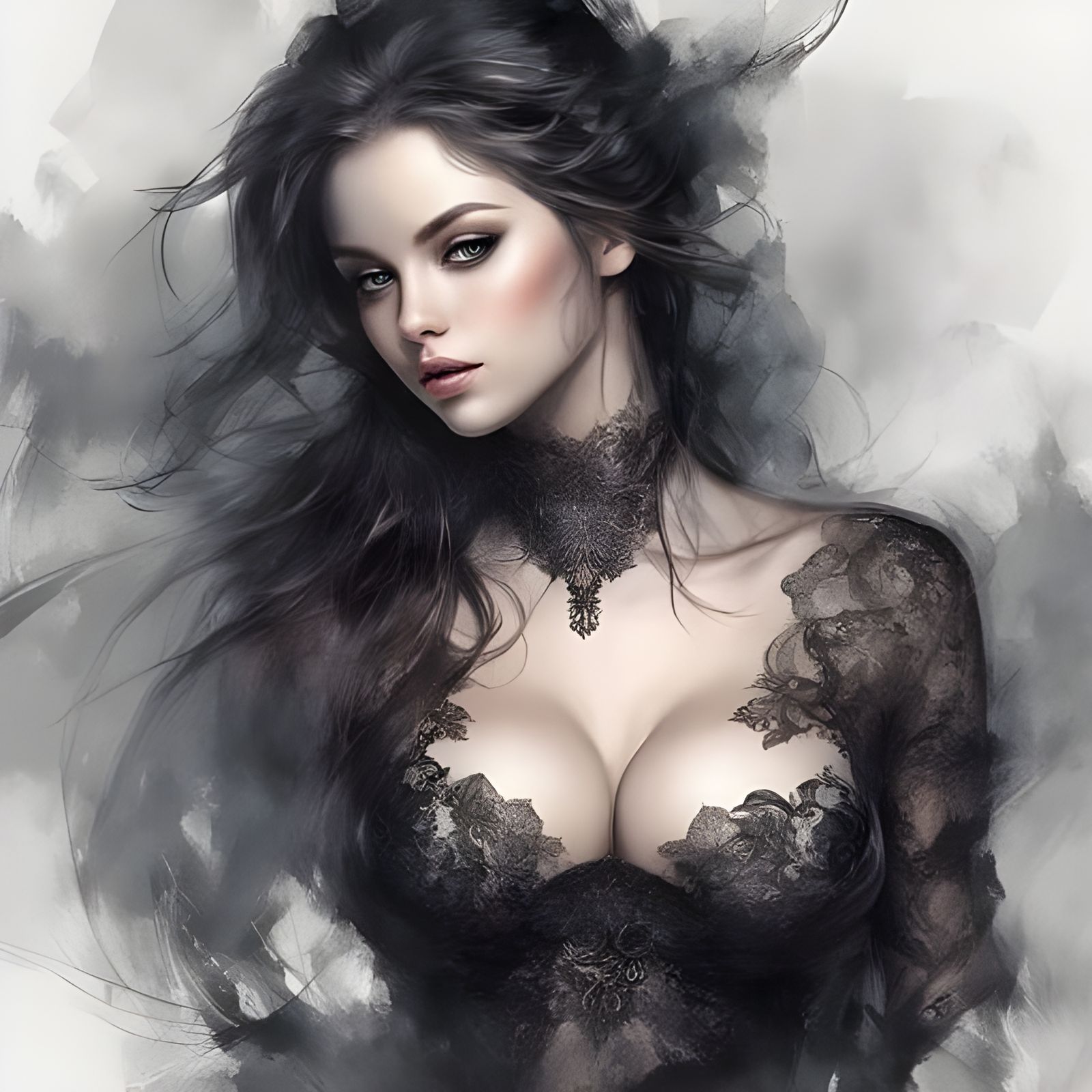 Beautiful Girl in Black Lace: Realistic Portrait