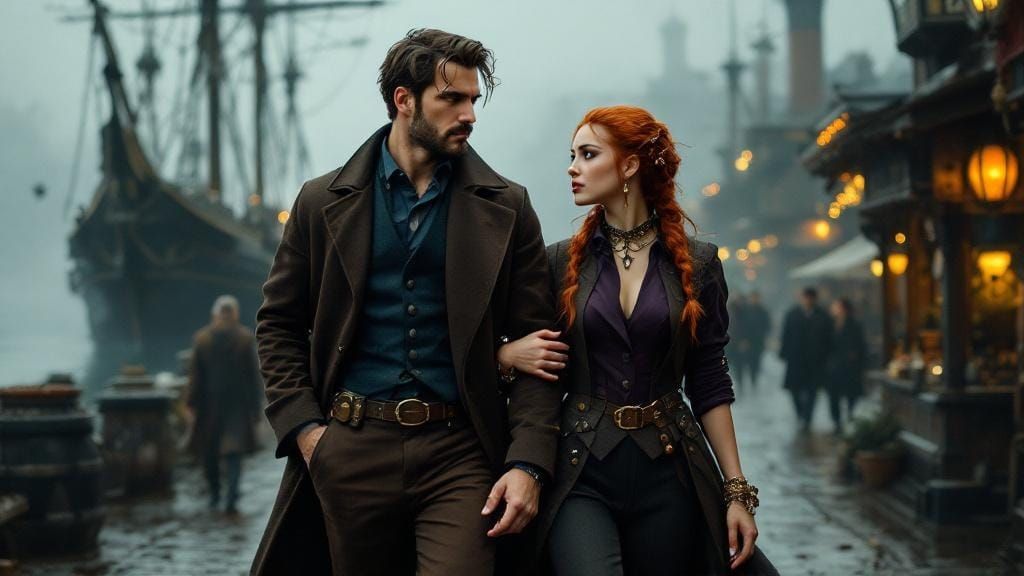 Detective and Alchemist on Victorian Pier in Film Style