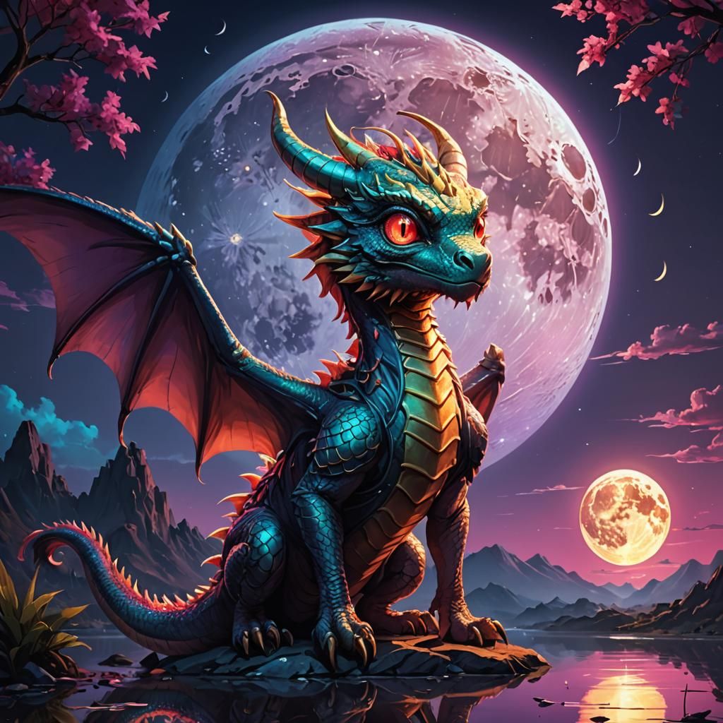Adorable Dragon Gazing at Moon in Synthwave Style