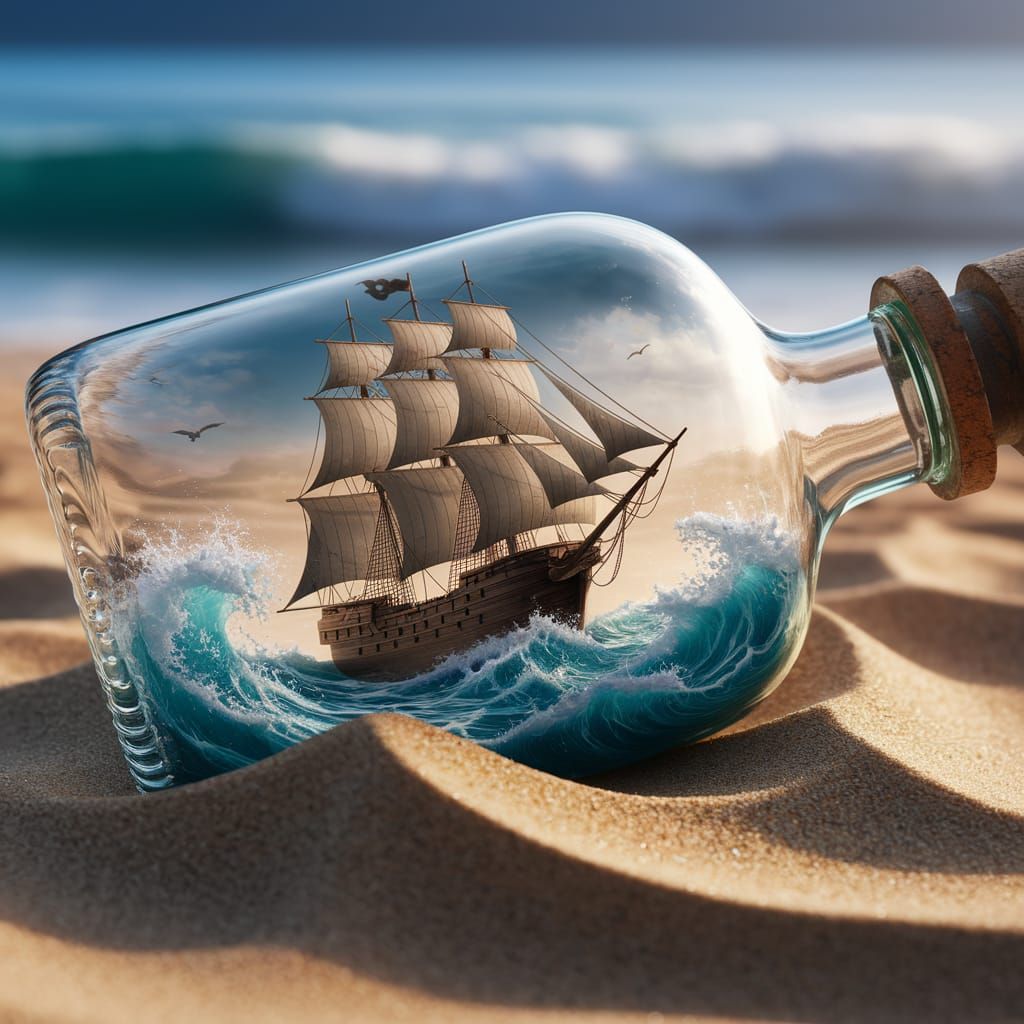 Surreal Photorealistic Scene of Pirate Ship in Glass Bottle