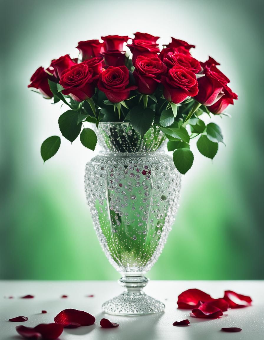 Macro Photograph of Red Roses in Crystal Vase