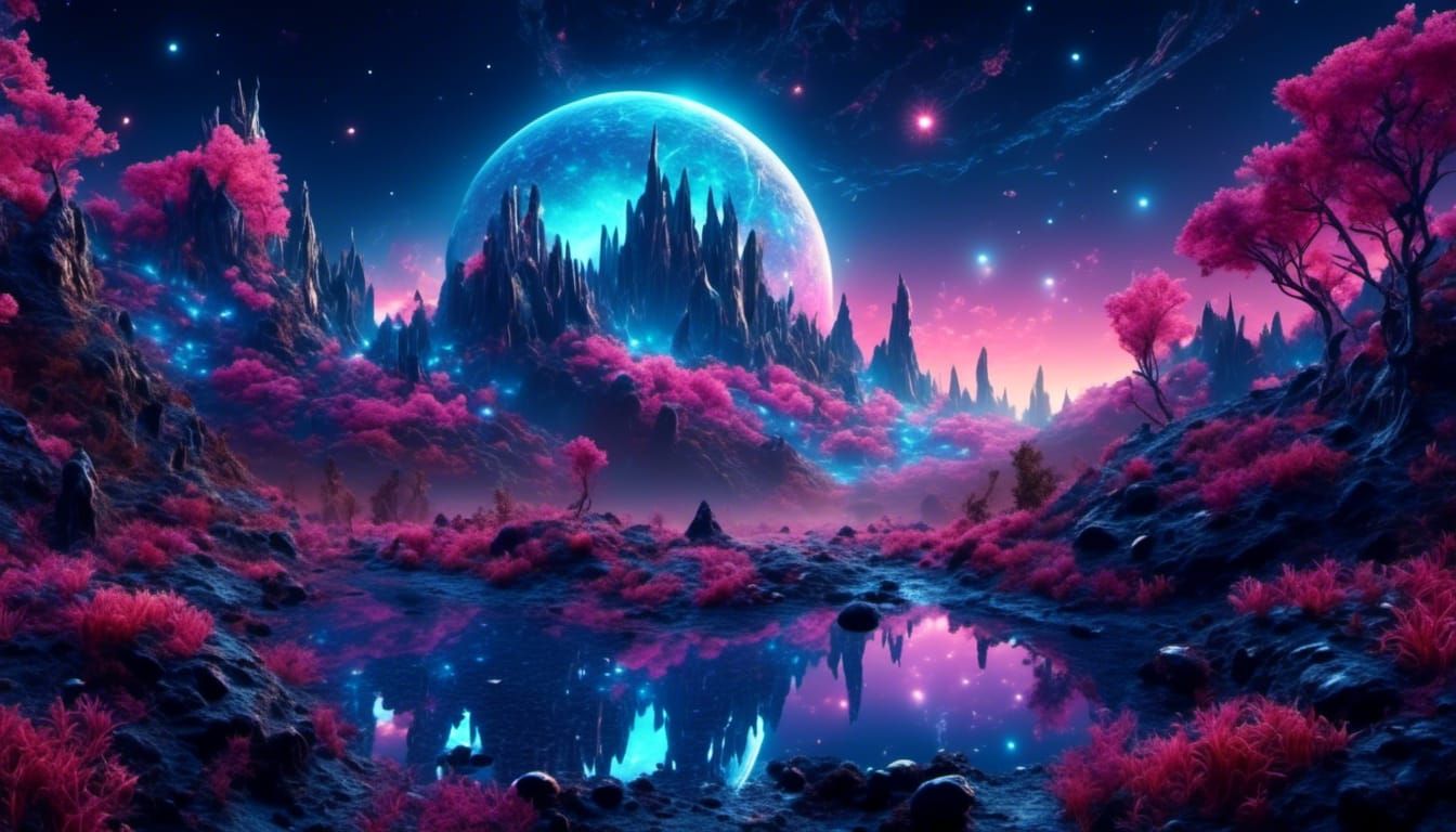 Vector Mountain Landscape with Bioluminescent Galaxy Sky