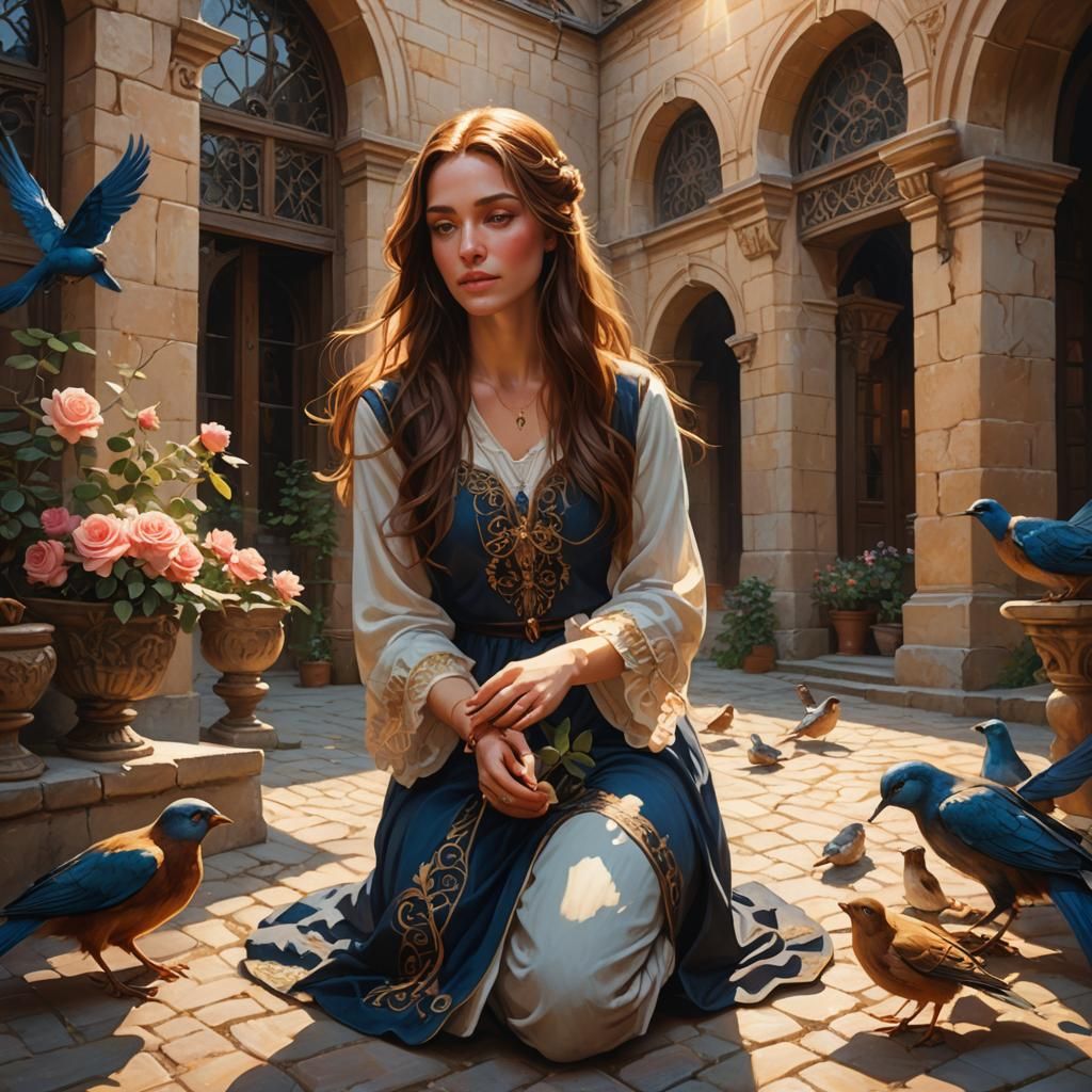 Woman with Rose in Sunlit Courtyard