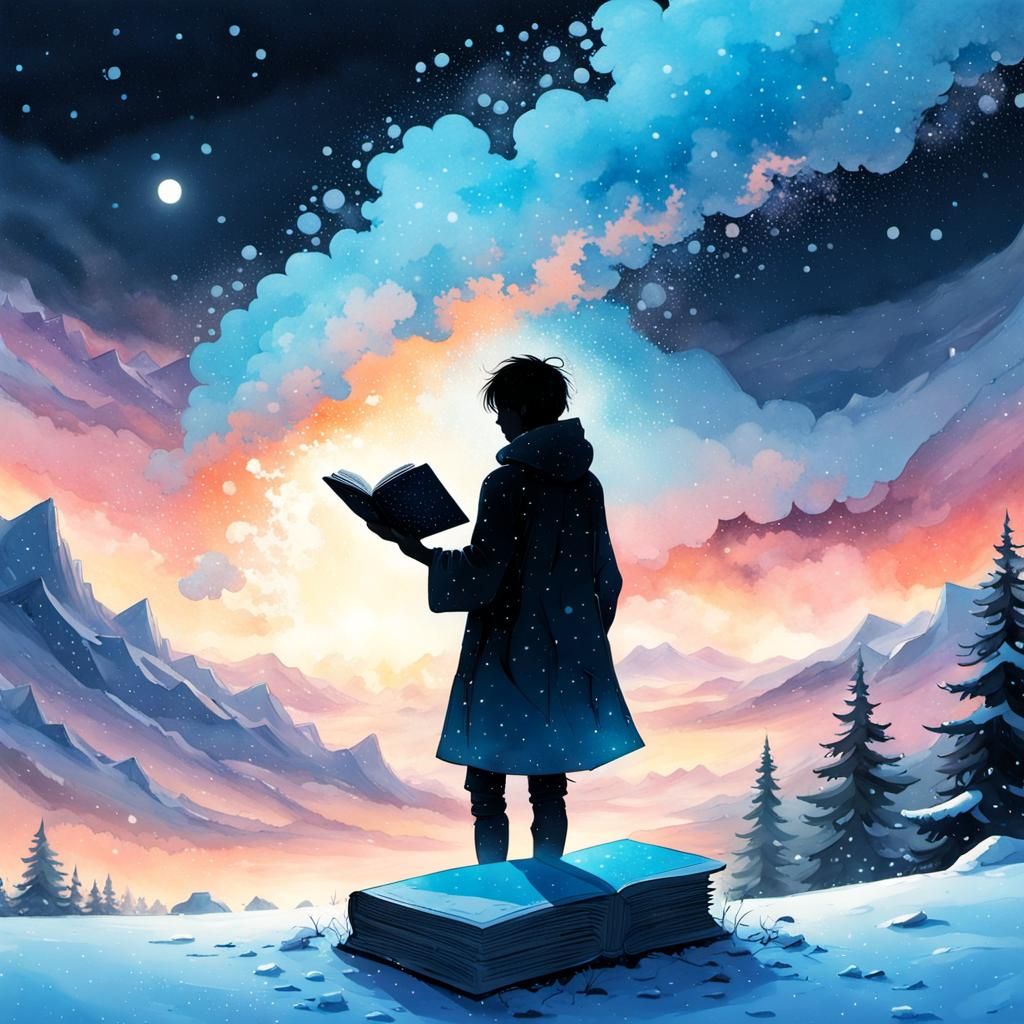 Magical Book Silhouette in Watercolor Galaxy Blizzard
