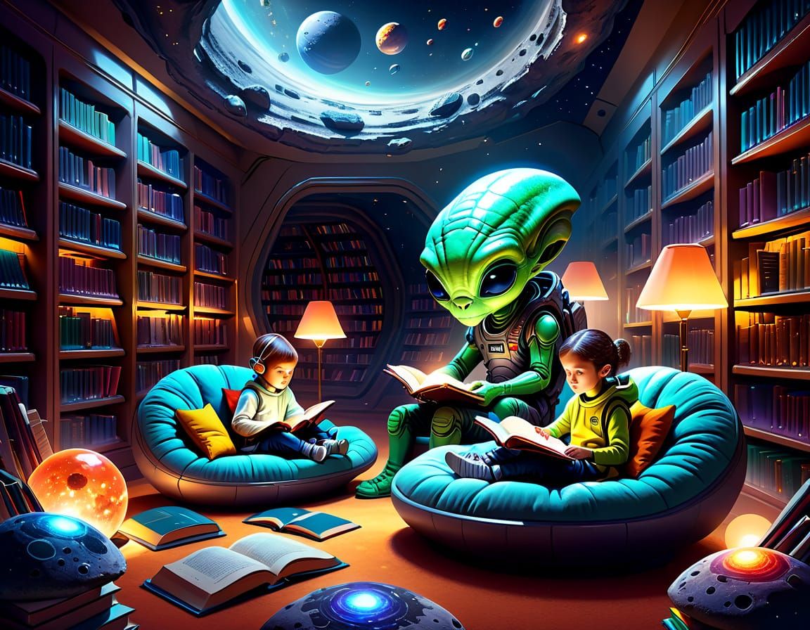 Alien Children Studying in Asteroid Library