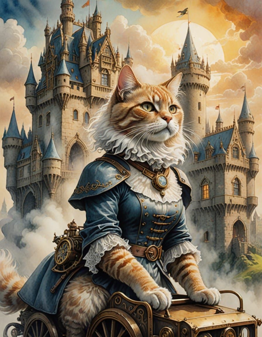Steampunk Cat Rider in Sky Castle at Dawn