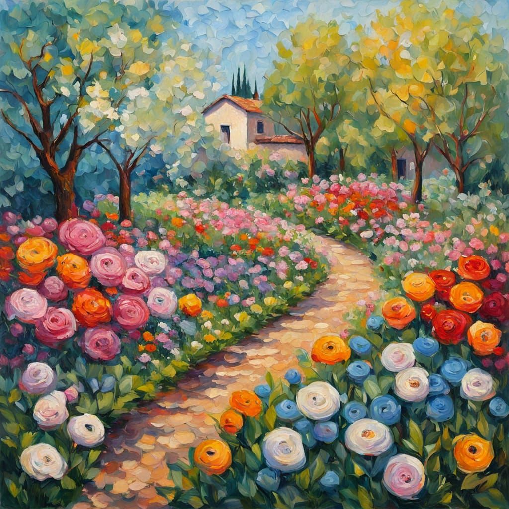 Vibrant Spring Garden Blooms in Neo-Impressionist Style