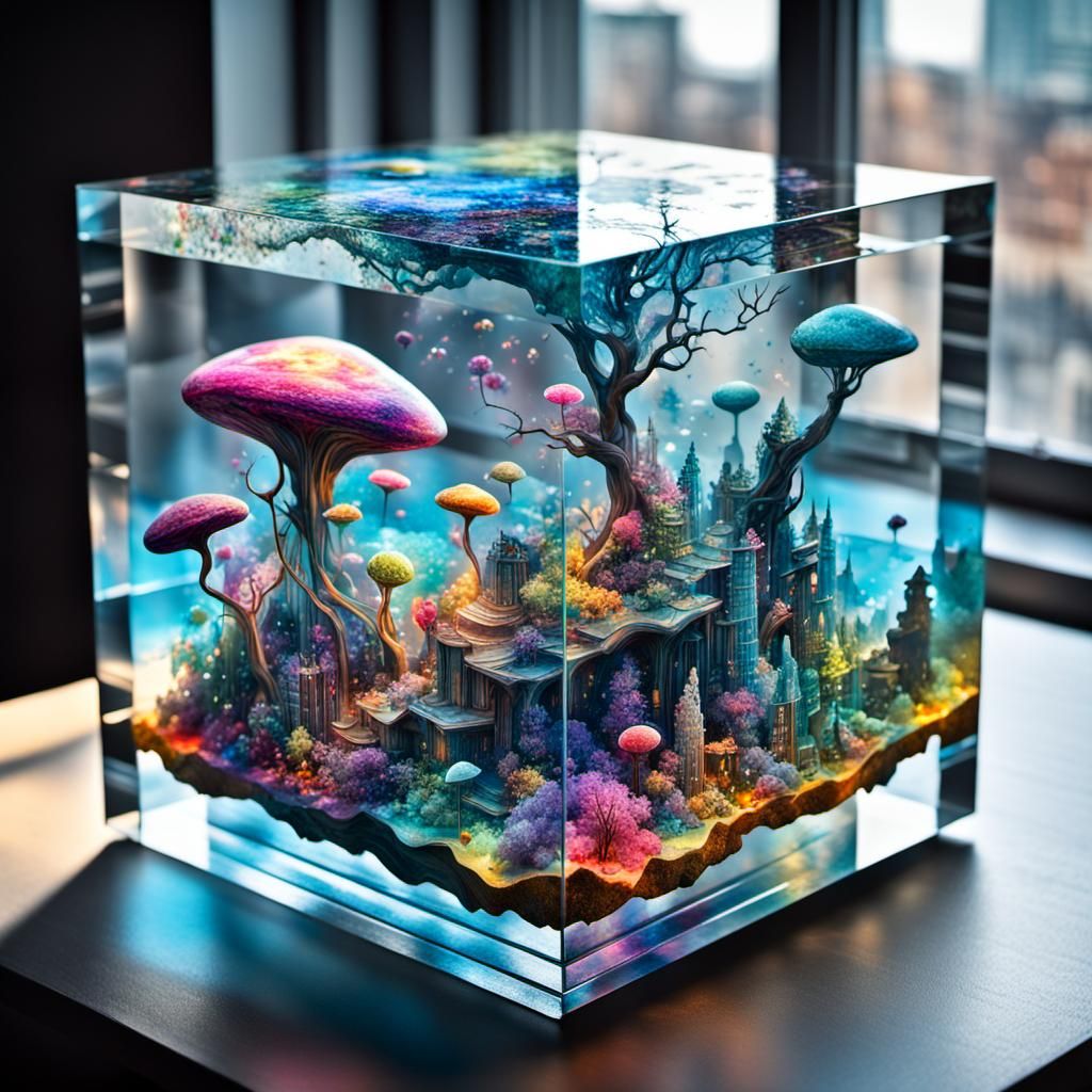 Glass Cube Containing Alien Cosmos, Fairy-Tale Illustration