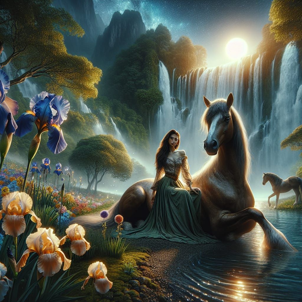 A beautiful female centaur sitting next to a gorgeous pool o...