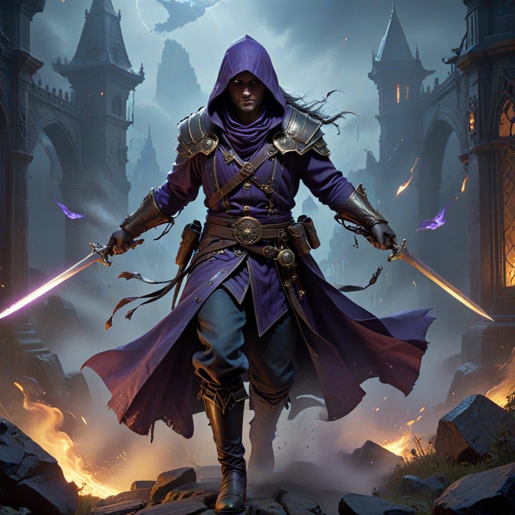 Stealthy Assassin Sprints Across Rooftops with Dual Swords a...