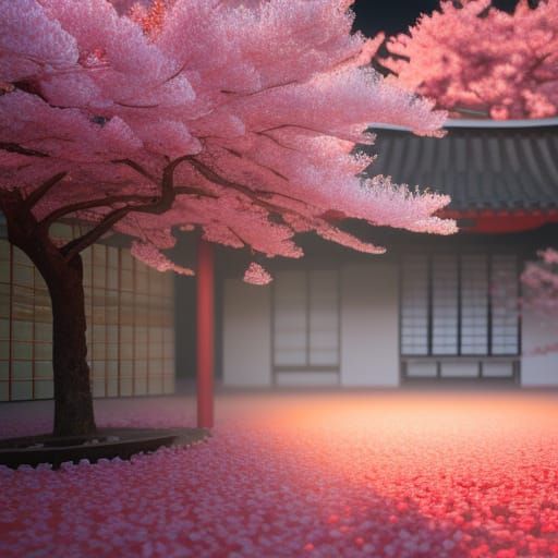 Geisha in Japan: Cherry Blossoms and Mountain View