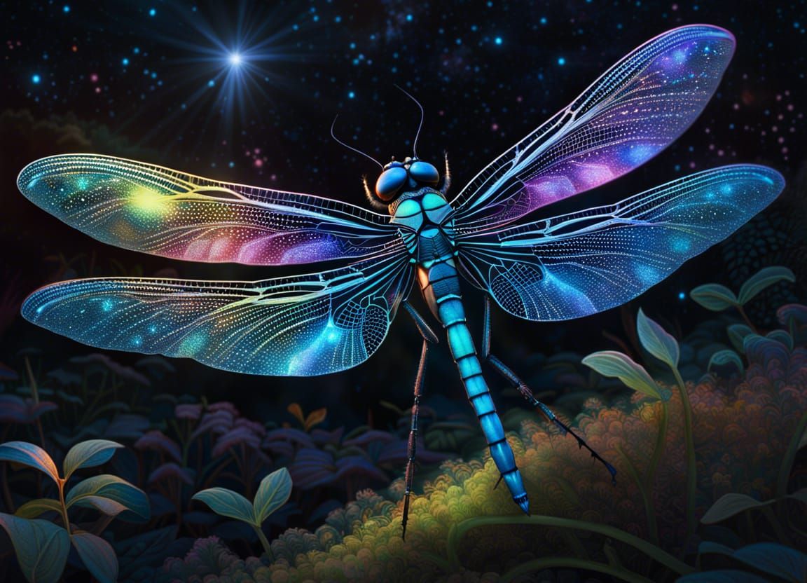 Glowing Cosmic Dragonfly in Astral Garden