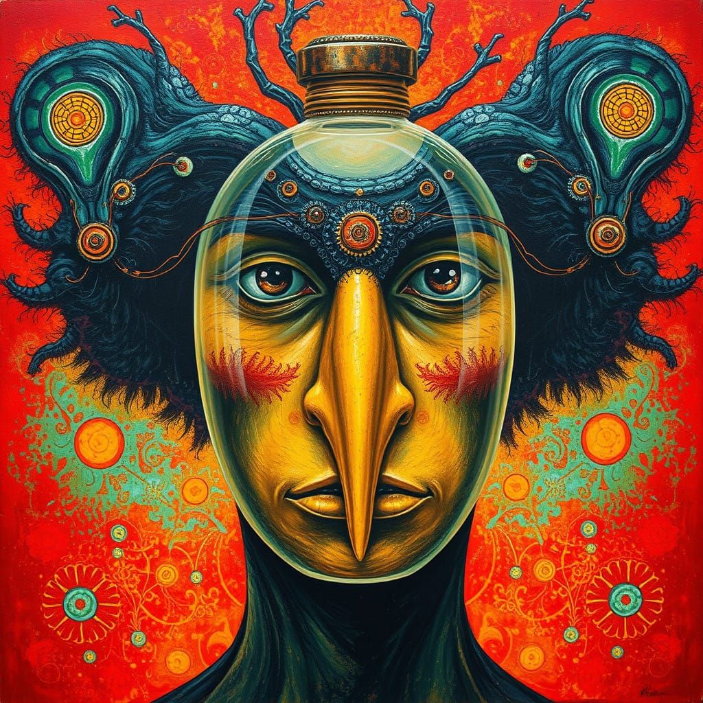 Surrealist Bottle Art in Vibrant Red Oil Painting