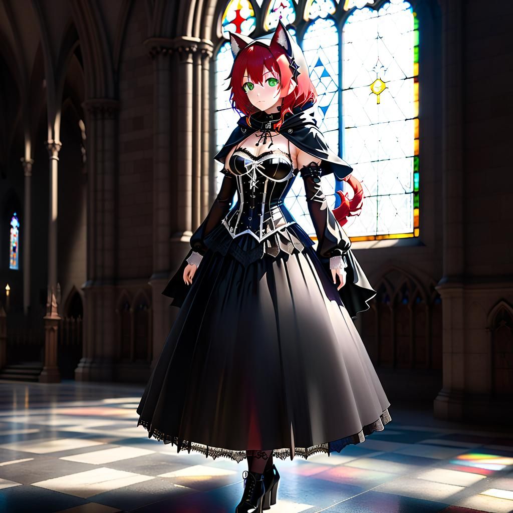 Gothic Anime Nekomimi Girl in Church, Makoto Shinkai Style