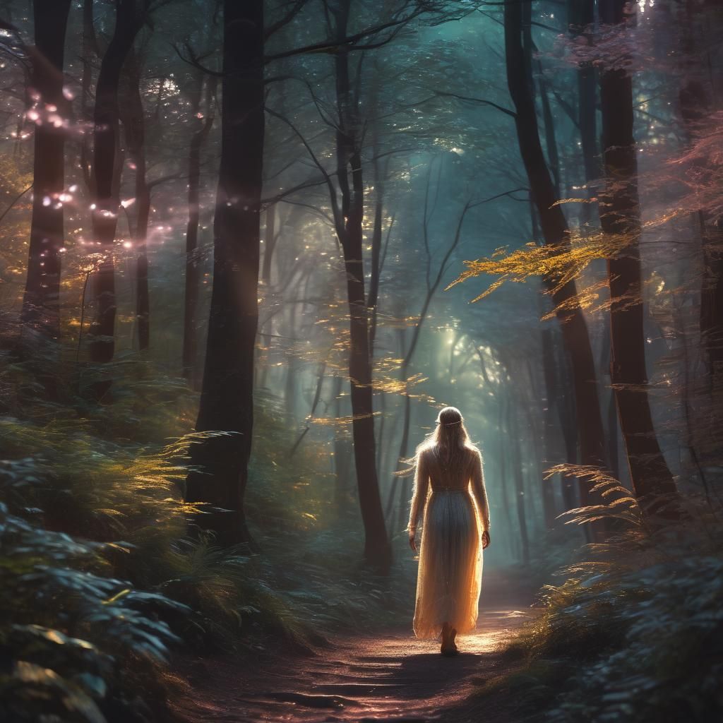 Ethereal Being Enters Mystical Forest in Digital Art