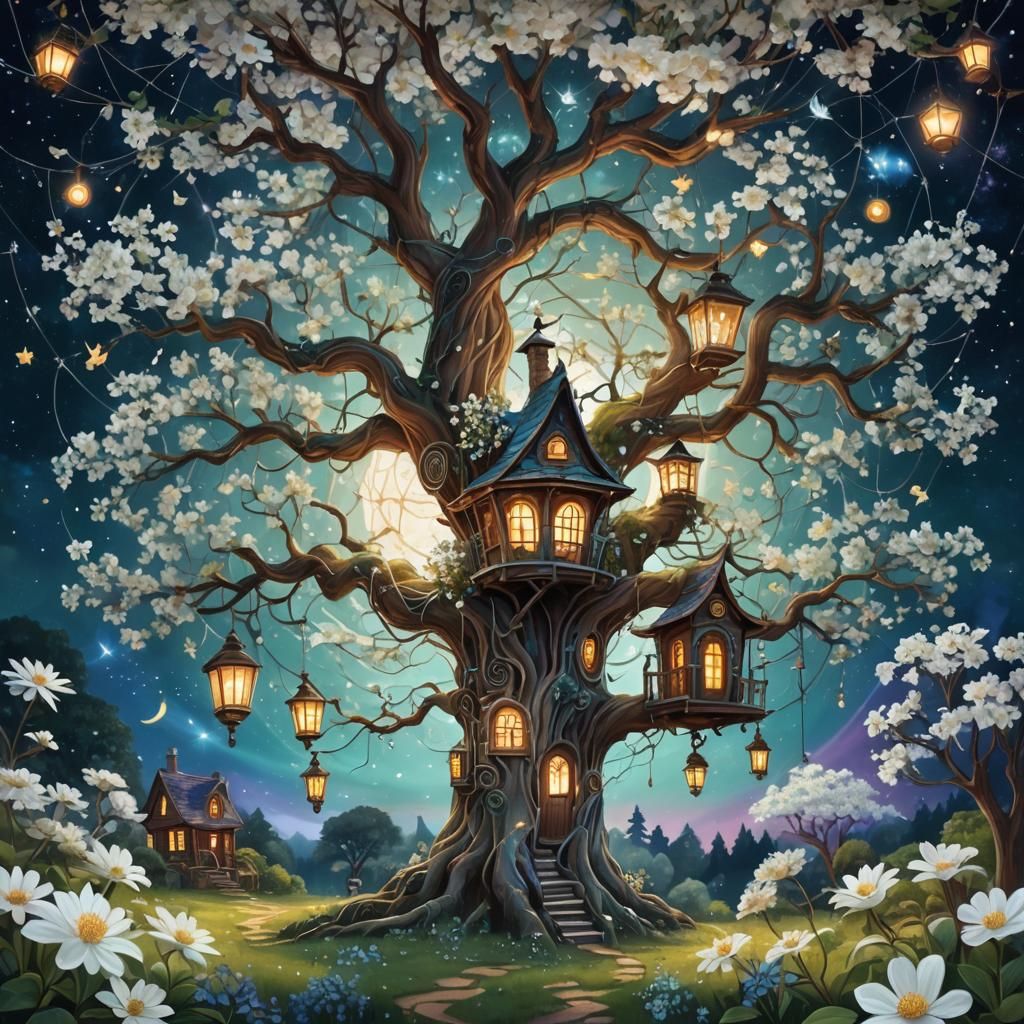 Enchanted Treehouse with White Flowers, Astral Illustration