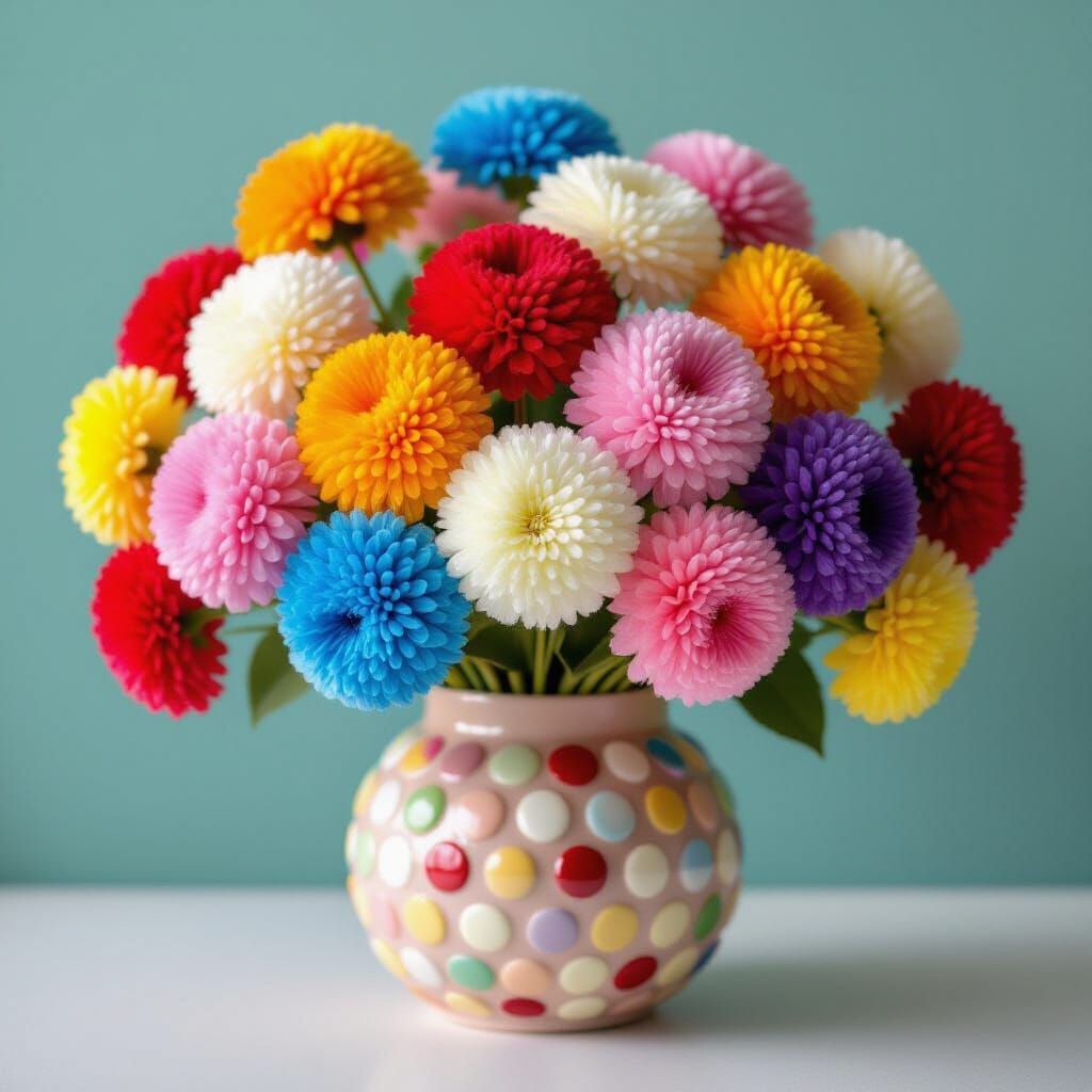 Hyper-Saturated Pompom Flower Bouquet in Pompom Vase