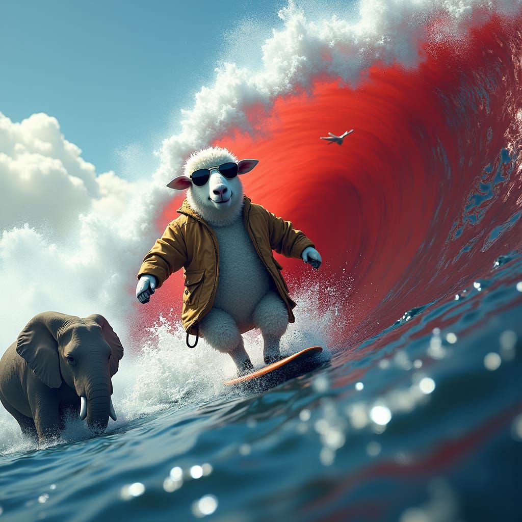 Sheep Surfs Red Wave in Military Jacket