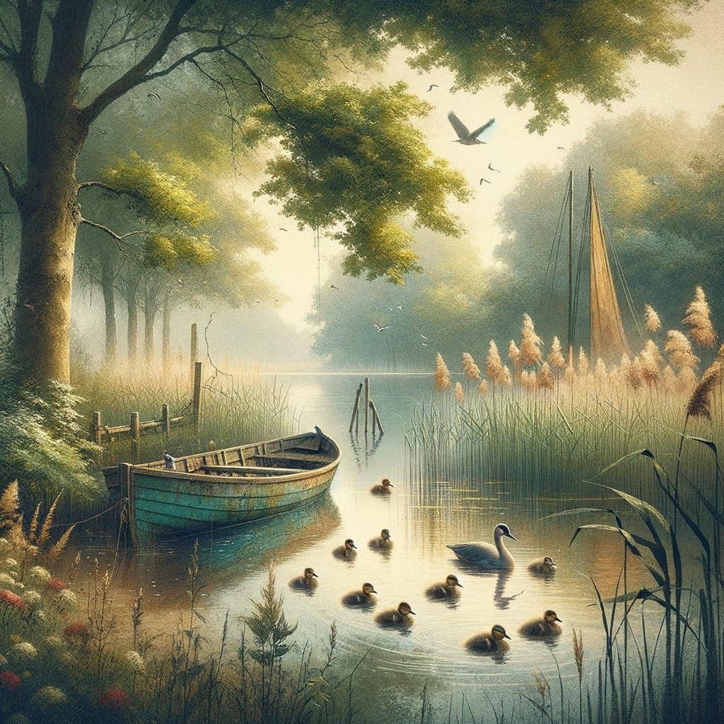 Impressionistic Watercolor of a Serene Lake Scene