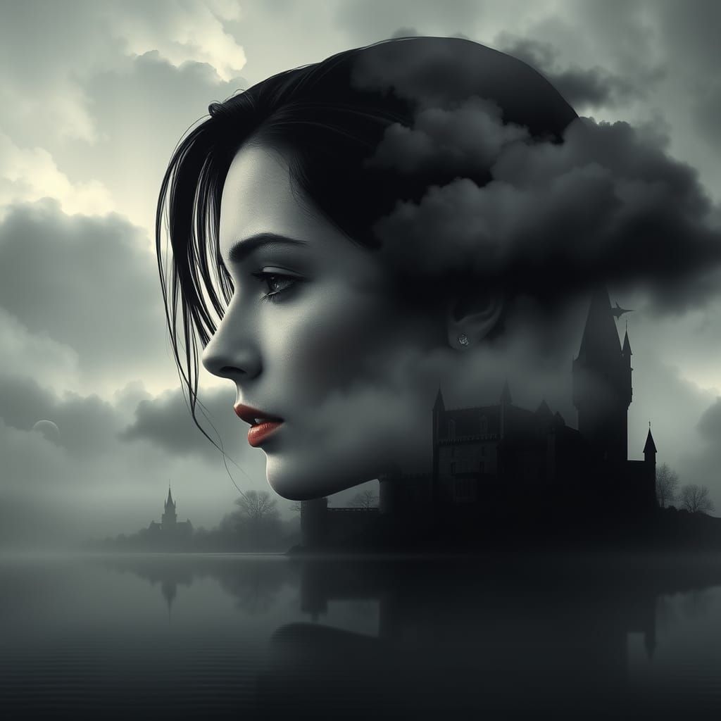 A woman's face fused with a Gothic landscape of lakeside cas...