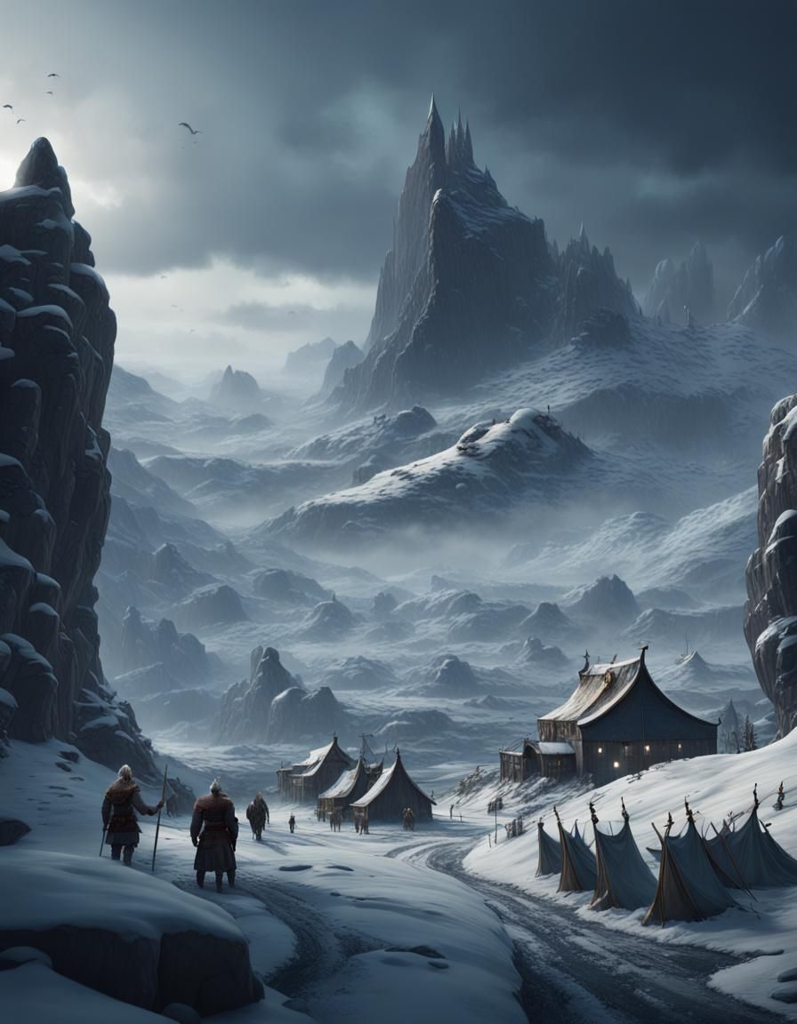 Snowy Scandinavian Landscape with Vikings, Detailed Matte Pa...