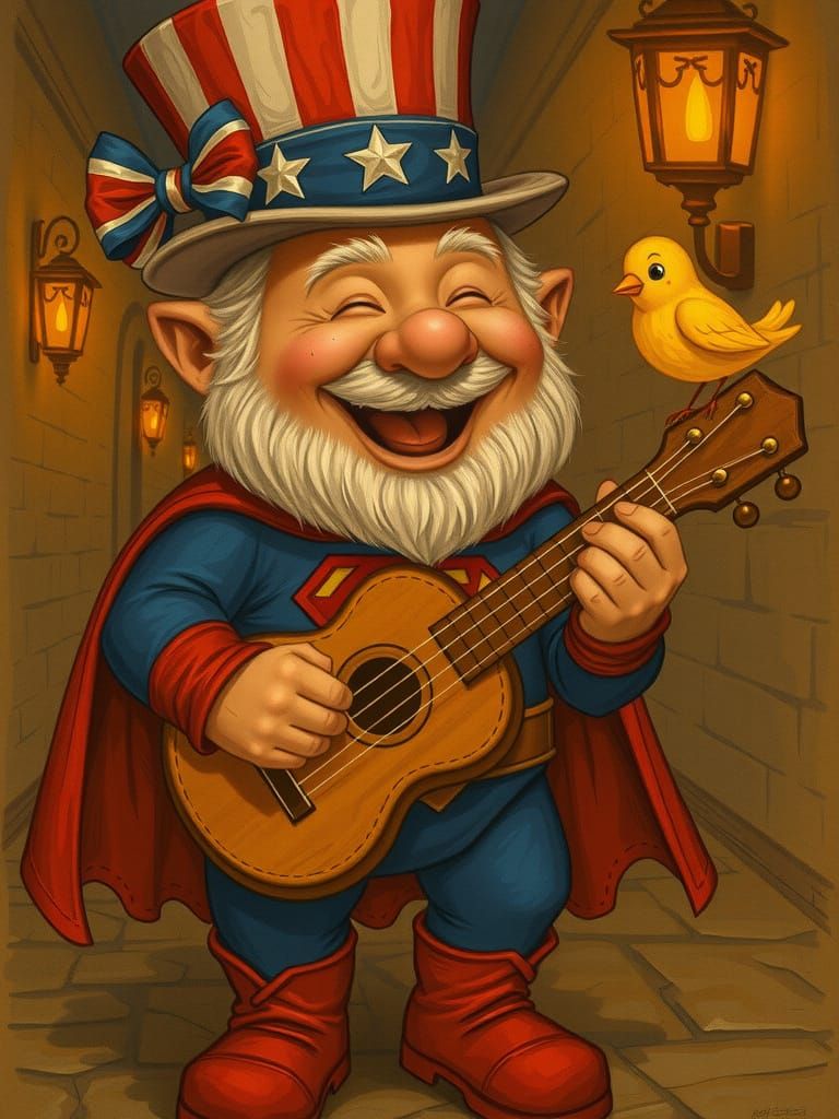 Charming Gnome Busker in Superman Costume