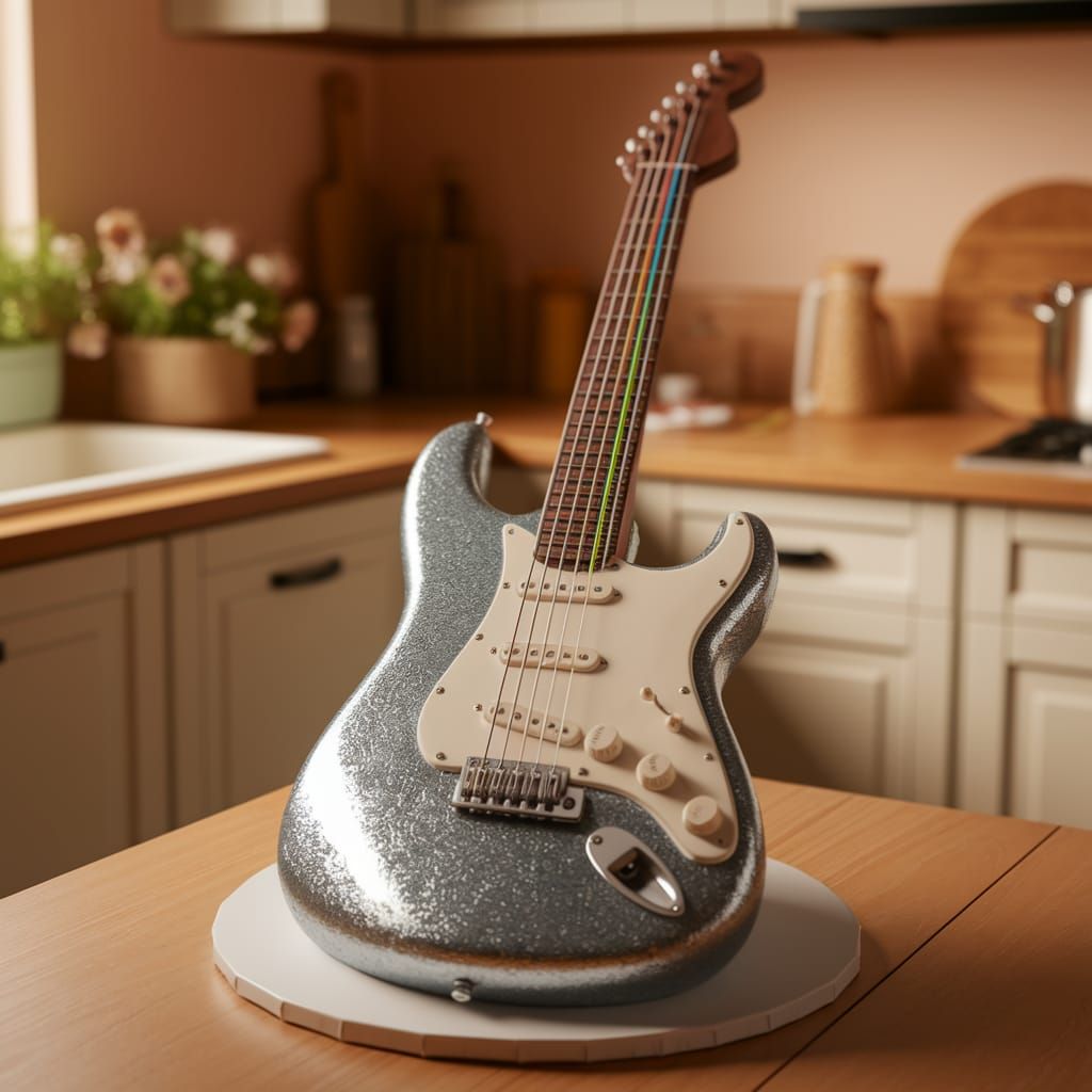 Vintage Guitar Cake with Silver Frosting