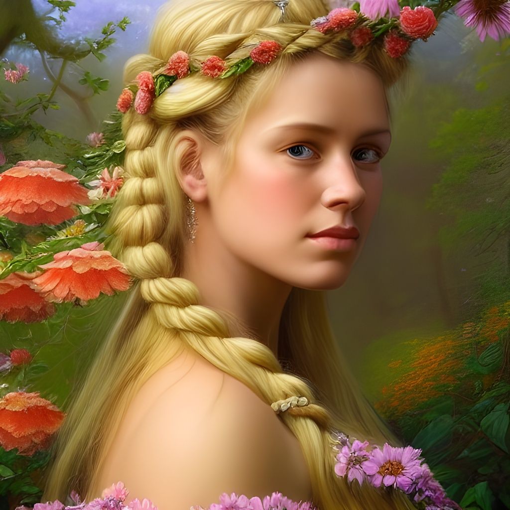 Goddess Branwen in Floral Forest, Oil Painting