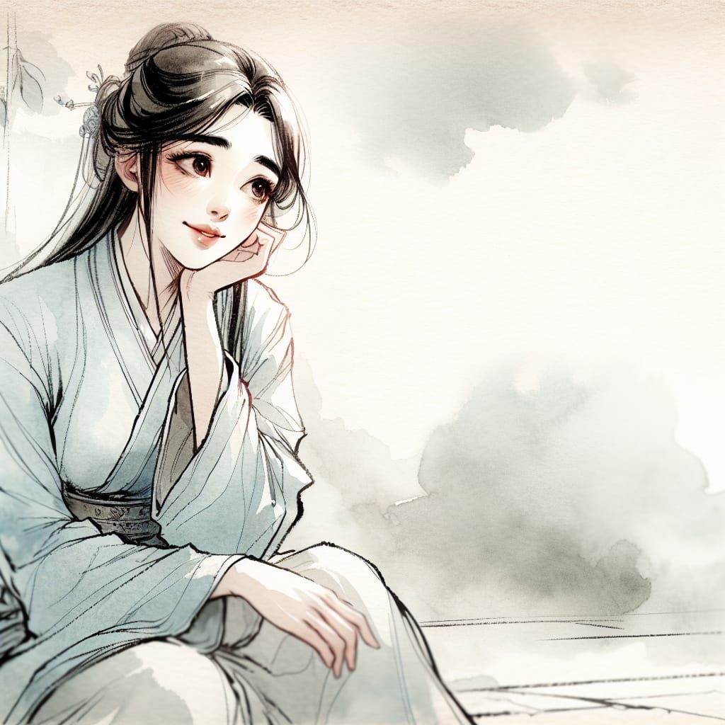 Enchanted Watercolor Portrait of a Contemplative Woman