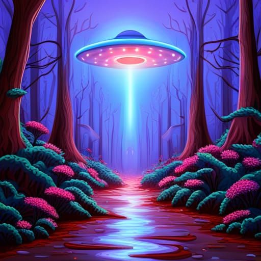 Metallic UFO Over Lilac Forest in Volumetric Lighting