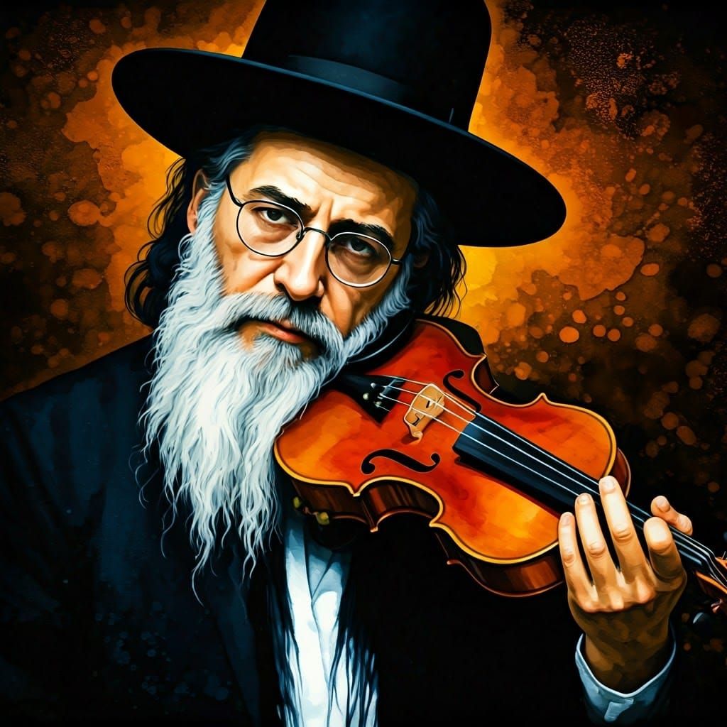 Surreal Hasidic Violinist in Avant-Garde Portrait with Distr...
