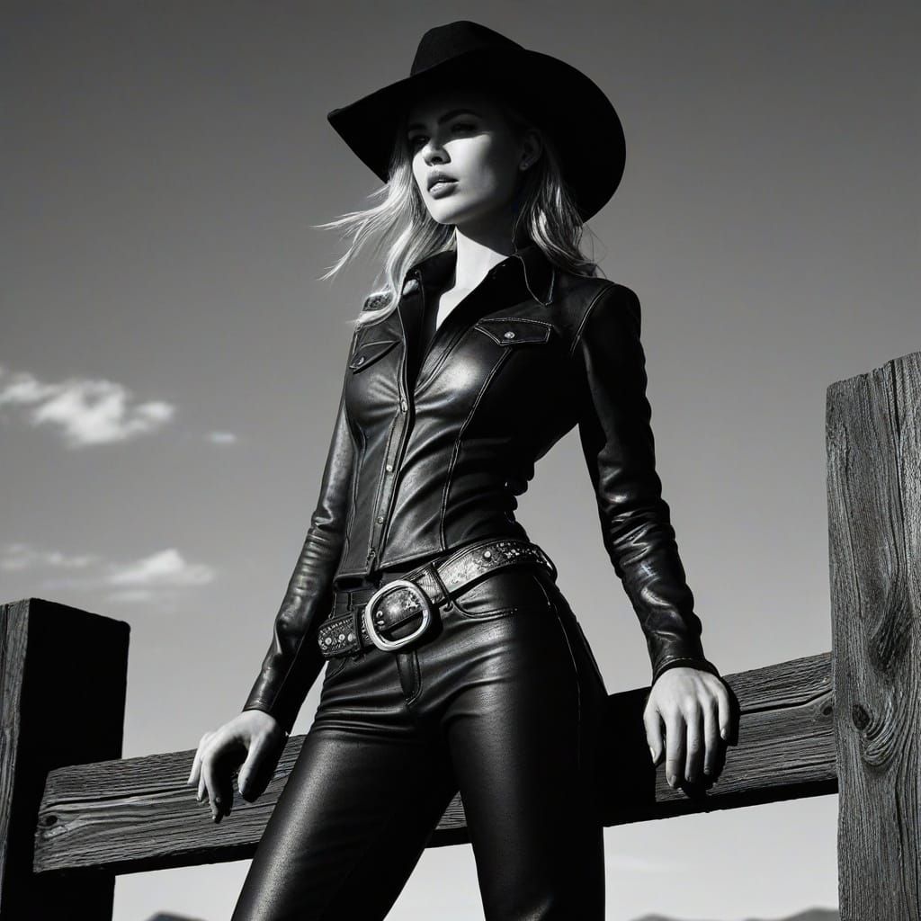 Dramatic Helmut Newton-Inspired Pin-Up of a Sultry Cowgirl